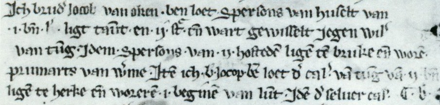 Ich bruder Jocob van Oken ben loet spersons van Huselt van 1 bunre lants ligt tauthuselt en ii (2) stucken ende wart gewisselt jegen Willeme van Tungren. Idem spersons, van ii hosteden ligen ten bruke ende woren prumarts van Werme. Item ich bruder Jocop ben loet der capitelen van Tungren van ii bunren ligen te herke ende woreren i beginen van lutke. Idem der seluer capitelen...